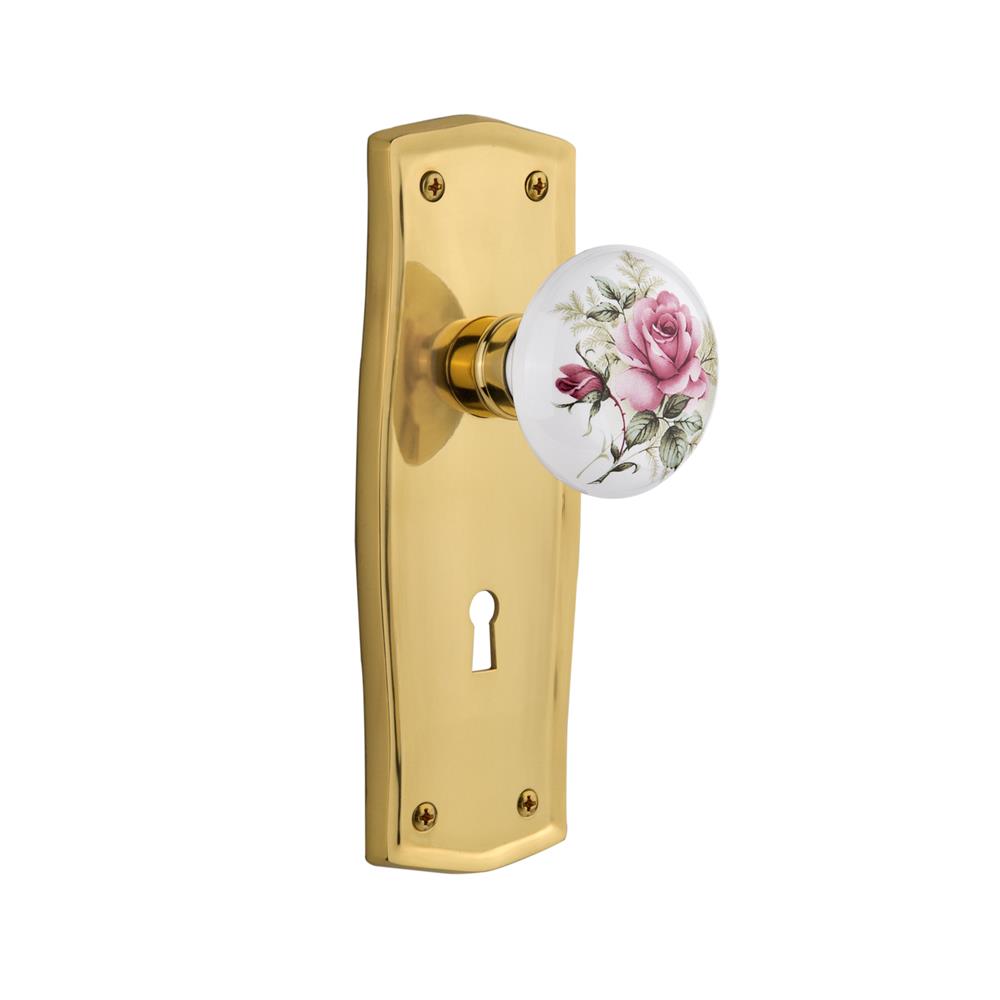 Nostalgic Warehouse PRAROS Privacy Knob Prairie Plate with Rose Porcelain Knob with Keyhole in Polished Brass